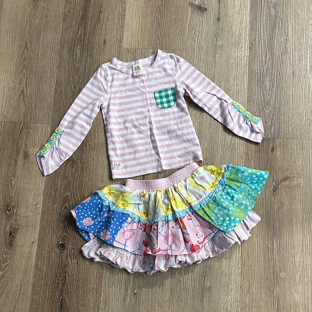 Wildflowers Girls‎ Pink Striped Top and Patchwork Ruffle Skirt Set Size 2